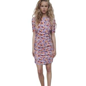 Zara Pink & Purple Floral Print Draped Ruched Bodycon Mini Dress  3/4 Sleeves XS